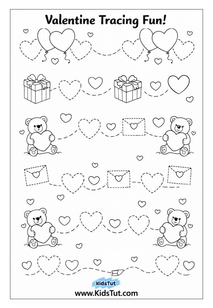 Valentine Tracing Worksheets for Kids to Print